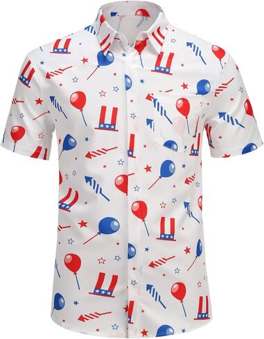 Colorful House Men American Flag Button up Shirt Short Sleeve Funny 4th of July Shirts for Independence Day in Kuwait
