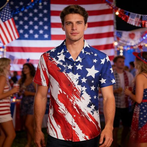 Colorful House Men American Flag Button up Shirt Short Sleeve Funny 4th of July Shirts for Independence Day in Kuwait