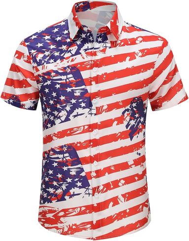 Colorful House Men American Flag Button up Shirt Short Sleeve Funny 4th of July Shirts for Independence Day in Kuwait