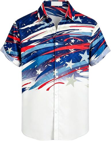 Colorful House Men American Flag Button up Shirt Short Sleeve Funny 4th of July Shirts for Independence Day in Kuwait