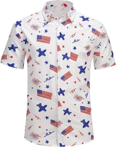 Colorful House Men American Flag Button up Shirt Short Sleeve Funny 4th of July Shirts for Independence Day in Kuwait