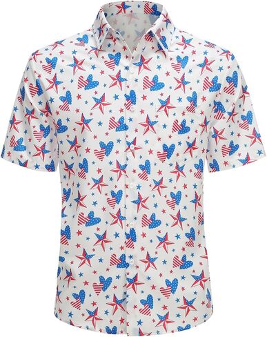 Colorful House Men American Flag Button up Shirt Short Sleeve Funny 4th of July Shirts for Independence Day in Kuwait