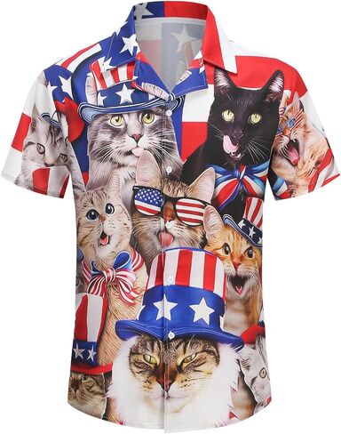 Colorful House Men American Flag Button up Shirt Short Sleeve Funny 4th of July Shirts for Independence Day in Kuwait