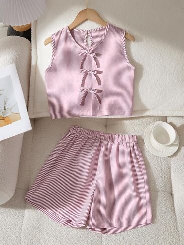 Two piece elegant casual girl plaid set, fashionable waterdrop button sleeveless top+sports shorts in Kuwait