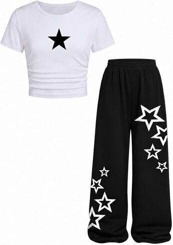 Girls 2 Piece Outfits Cat Graphic Tee & Wide Leg Pants Matching Set, Trendy Summer Casual Clothes, Size 7-14 Years in Saudi Arabia