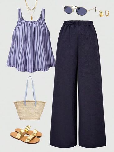 Girls' summer fashion casual elegant loose striped top+wide leg pants two-piece set in Kuwait