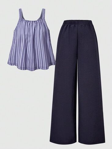 Girls' summer fashion casual elegant loose striped top+wide leg pants two-piece set in Kuwait