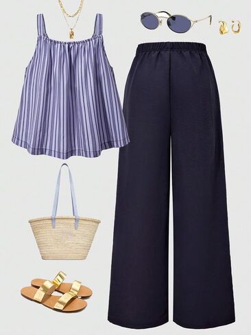 Girls' summer fashion casual elegant loose striped top+wide leg pants two-piece set in Kuwait