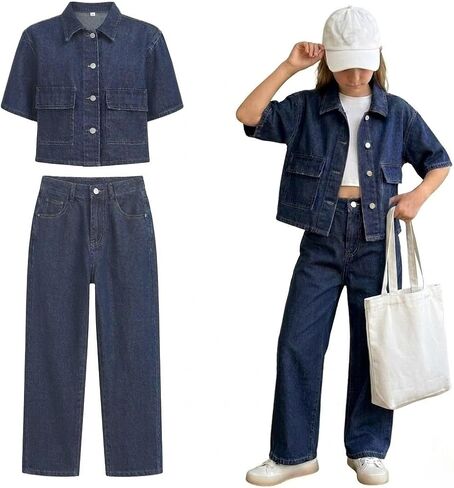 Girls 2-Piece Denim Set, 90s Vintage Short Sleeve Jacket & Straight-Leg Pants, Classic Casual School Outfit 8-12Y in Kuwait