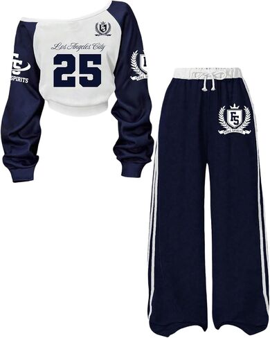 RoseSeek Girl's 2 Piece Fall Outfits Number Off The Shoulder Sweatshirts and Baggy Sweatpants Streetwear in Kuwait