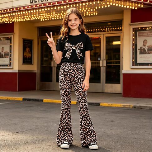 ملابس لطيفة للفتيات من Tween، بلوزة بفيونكة بطبعة الفهد + طقم سراويل واسعة من عمر 9 إلى 13 سنة in Kuwait