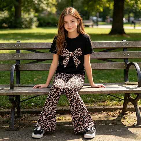 ملابس لطيفة للفتيات من Tween، بلوزة بفيونكة بطبعة الفهد + طقم سراويل واسعة من عمر 9 إلى 13 سنة in Kuwait