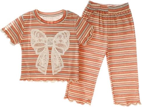 Toddler Girl Summer lothes Girls Outfits Ruffle Long Sleeve Tops Striped Flared Pants Girls' Clothing Sets, 2-9T in Kuwait