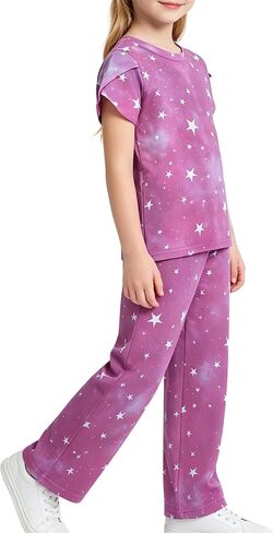LUCKYLI Girls Clothes Summer 2 Piece Outfits Short Petal Sleeve Tops and Long Pants Kids Fashion Clothing Sets Size 4-12Y in Kuwait