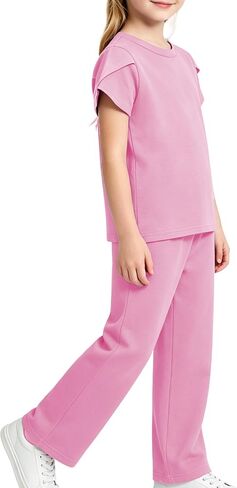 LUCKYLI Girls Clothes Summer 2 Piece Outfits Short Petal Sleeve Tops and Long Pants Kids Fashion Clothing Sets Size 4-12Y in Kuwait