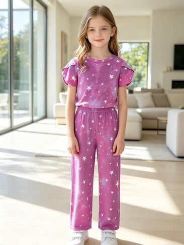 LUCKYLI Girls Clothes Summer 2 Piece Outfits Short Petal Sleeve Tops and Long Pants Kids Fashion Clothing Sets Size 4-12Y in Kuwait