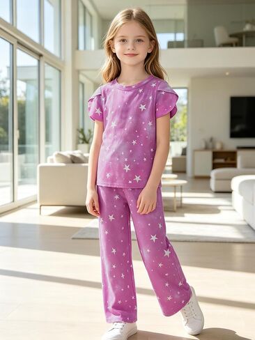 LUCKYLI Girls Clothes Summer 2 Piece Outfits Short Petal Sleeve Tops and Long Pants Kids Fashion Clothing Sets Size 4-12Y in Kuwait