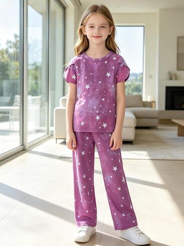 LUCKYLI Girls Clothes Summer 2 Piece Outfits Short Petal Sleeve Tops and Long Pants Kids Fashion Clothing Sets Size 4-12Y in Kuwait