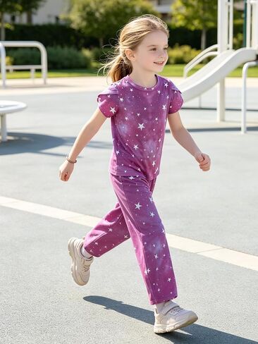 LUCKYLI Girls Clothes Summer 2 Piece Outfits Short Petal Sleeve Tops and Long Pants Kids Fashion Clothing Sets Size 4-12Y in Kuwait