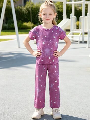 LUCKYLI Girls Clothes Summer 2 Piece Outfits Short Petal Sleeve Tops and Long Pants Kids Fashion Clothing Sets Size 4-12Y in Kuwait