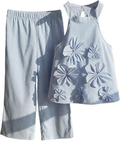 SHENHE Girl's Striped 2 Piece Outfits 3D Flower Halter Top and Wide Leg Pants Set Summer Clothes in Kuwait