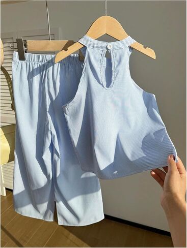 SHENHE Girl's Striped 2 Piece Outfits 3D Flower Halter Top and Wide Leg Pants Set Summer Clothes in Kuwait