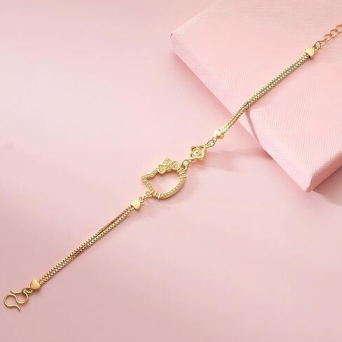 Cute Kitty Gold-Plated Necklace Bracelet Set, Cat Bow Pendant with Simulated Diamonds and Pearls, Adjustable Chain for Women,Kawaii Gift Jewelry (Gold) in Saudi Arabia
