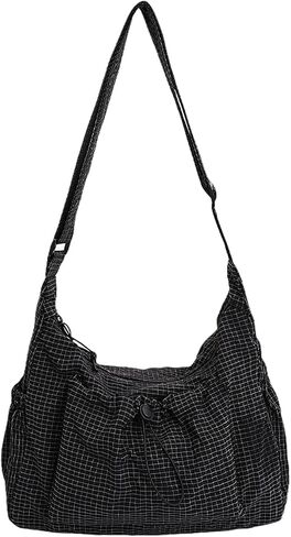 Checkered Nylon Hobo Bag Lightweight Casual Plaid Messenger Purse Drawstring Slouchy Crossbody Shoulder Handbag in Saudi Arabia