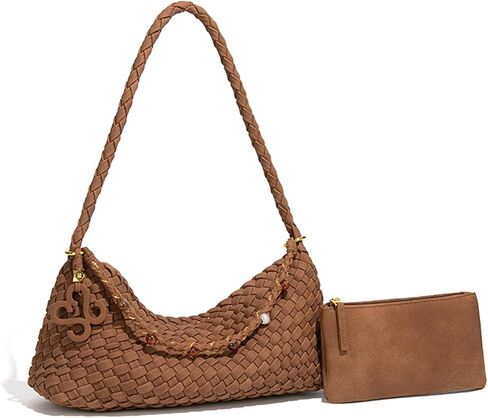 Suede Woven Shoulder Bag for Women - Small Soft Faux Leather Hobo Handbag with Pouch, Slouchy Underarm Tote for Daily Travel in Kuwait