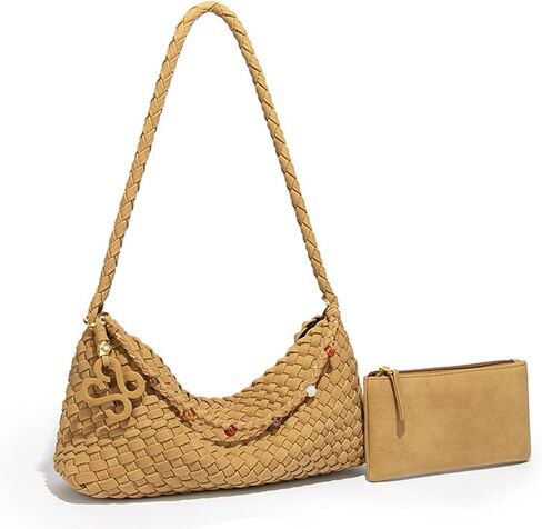 Suede Woven Shoulder Bag for Women - Small Soft Faux Leather Hobo Handbag with Pouch, Slouchy Underarm Tote for Daily Travel in Kuwait
