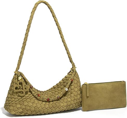 Suede Woven Shoulder Bag for Women - Small Soft Faux Leather Hobo Handbag with Pouch, Slouchy Underarm Tote for Daily Travel in Kuwait