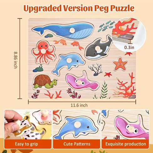 Wooden Peg Puzzles for Toddlers 1 2 3 Years Old, 2 Pack Montessori Educational Learning Puzzles Set, Toddler Puzzles Toy with Animal and Sea Themes, Great Preschool Present for Girls and Boys in Saudi Arabia
