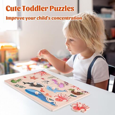 Wooden Peg Puzzles for Toddlers 1 2 3 Years Old, 2 Pack Montessori Educational Learning Puzzles Set, Toddler Puzzles Toy with Animal and Sea Themes, Great Preschool Present for Girls and Boys in Saudi Arabia