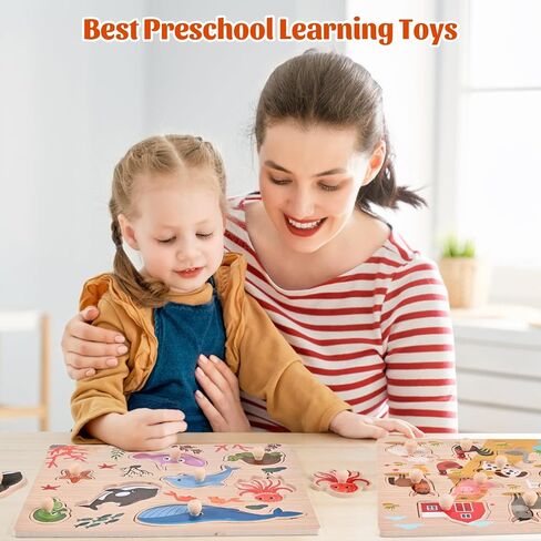 Wooden Peg Puzzles for Toddlers 1 2 3 Years Old, 2 Pack Montessori Educational Learning Puzzles Set, Toddler Puzzles Toy with Animal and Sea Themes, Great Preschool Present for Girls and Boys in Saudi Arabia
