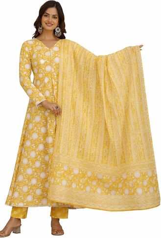 Women’s Cotton Anarkali Kurta Set with Pant and Dupatta | Elegant Floral Printed Long Kurti in Saudi Arabia