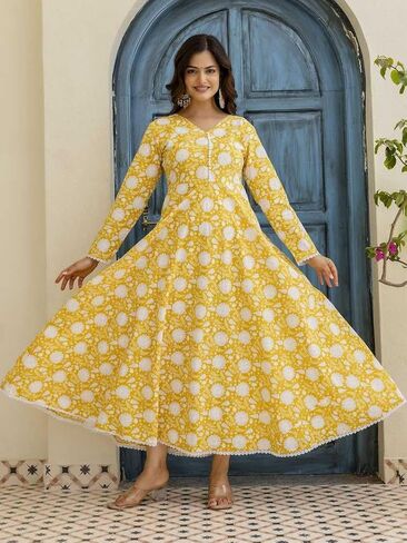 Women’s Cotton Anarkali Kurta Set with Pant and Dupatta | Elegant Floral Printed Long Kurti in Saudi Arabia