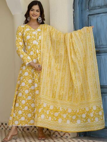 Women’s Cotton Anarkali Kurta Set with Pant and Dupatta | Elegant Floral Printed Long Kurti in Saudi Arabia