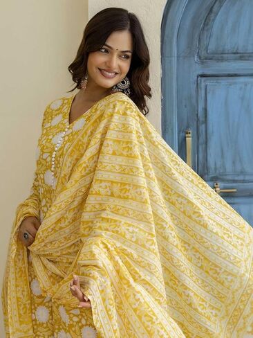 Women’s Cotton Anarkali Kurta Set with Pant and Dupatta | Elegant Floral Printed Long Kurti in Saudi Arabia