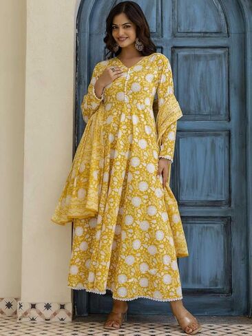 Women’s Cotton Anarkali Kurta Set with Pant and Dupatta | Elegant Floral Printed Long Kurti in Saudi Arabia