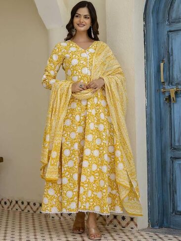 Women’s Cotton Anarkali Kurta Set with Pant and Dupatta | Elegant Floral Printed Long Kurti in Saudi Arabia
