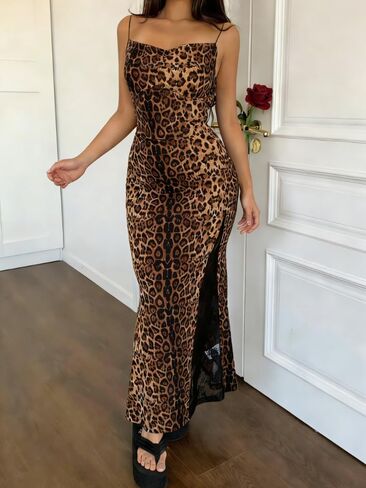 Womens Maxi Dress Spaghetti Strap Open Back Side Slit Leopard Print Cami Long Dress in Kuwait