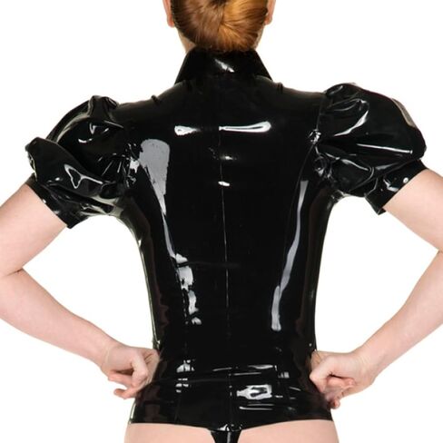 Women's Black Latex T-shirts,Rubber Puff Sleeve Tops,Front Zipper,Suitable for Novelty Latex Club Wear in Kuwait