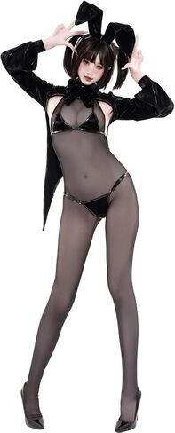Sexy Bunny Girl Cosplay Lingerie – PU Leather High Cut Leotard with Tailcoat, Rabbit Ears & Tights, 5-Piece Set, One Size Fits Up to S-M (132 lbs) Black in Kuwait