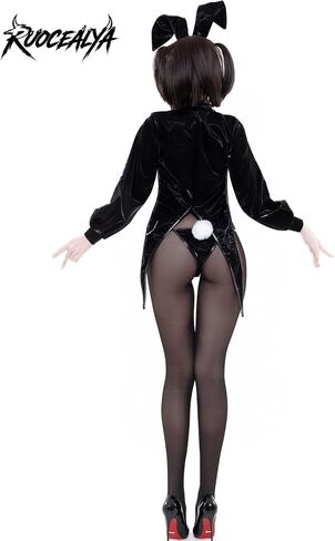 Sexy Bunny Girl Cosplay Lingerie – PU Leather High Cut Leotard with Tailcoat, Rabbit Ears & Tights, 5-Piece Set, One Size Fits Up to S-M (132 lbs) Black in Kuwait