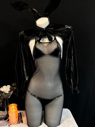 Sexy Bunny Girl Cosplay Lingerie – PU Leather High Cut Leotard with Tailcoat, Rabbit Ears & Tights, 5-Piece Set, One Size Fits Up to S-M (132 lbs) Black in Kuwait