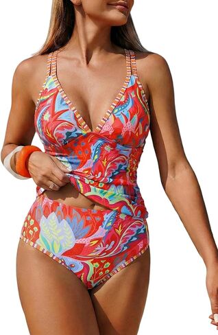 ZAFUL عالية الخصر البطن تحكم المايوه الملونة 2 قطعة Tankini مجموعة ملابس السباحة لطيف الخامس الرقبة متواضع الصيف ثوب السباحة in Kuwait