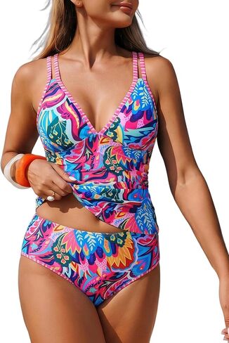 ZAFUL عالية الخصر البطن تحكم المايوه الملونة 2 قطعة Tankini مجموعة ملابس السباحة لطيف الخامس الرقبة متواضع الصيف ثوب السباحة in Kuwait