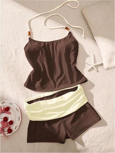 Verdusa Women's 2 Piece Halter Tankini Swimsuits Beaded Tops with Foldover Boyshort Vacation Outfits in Kuwait