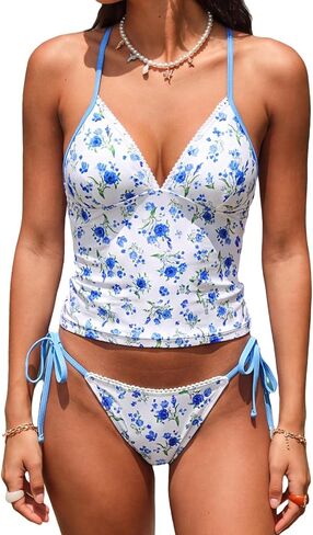 CUPSHE Women's Tankini Set Swimsuit V Neck Crisscross Self Tie Adjustable Straps Bathing Suit Low Rise Swimwear in Kuwait
