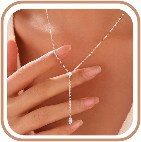XAYAH Moissanite Lariat Necklace for Women 925 Sterling Silver Dainty Horse Eye Marquise Diamond Drop Y-Shaped Necklaces Trendy 14K Gold Plated Lip Charm Chain Prom Bridal Wedding Jewelry Gift for Mom in Kuwait